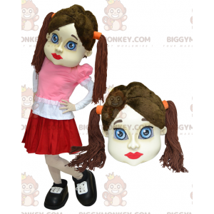 BIGGYMONKEY™ Mascot Costume Brown Girl With Pigtails Dressed Up