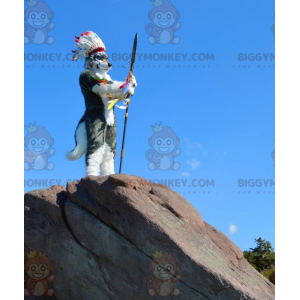 Kostým maskota BIGGYMONKEY™ Šedobílý vlčák s indiánskou