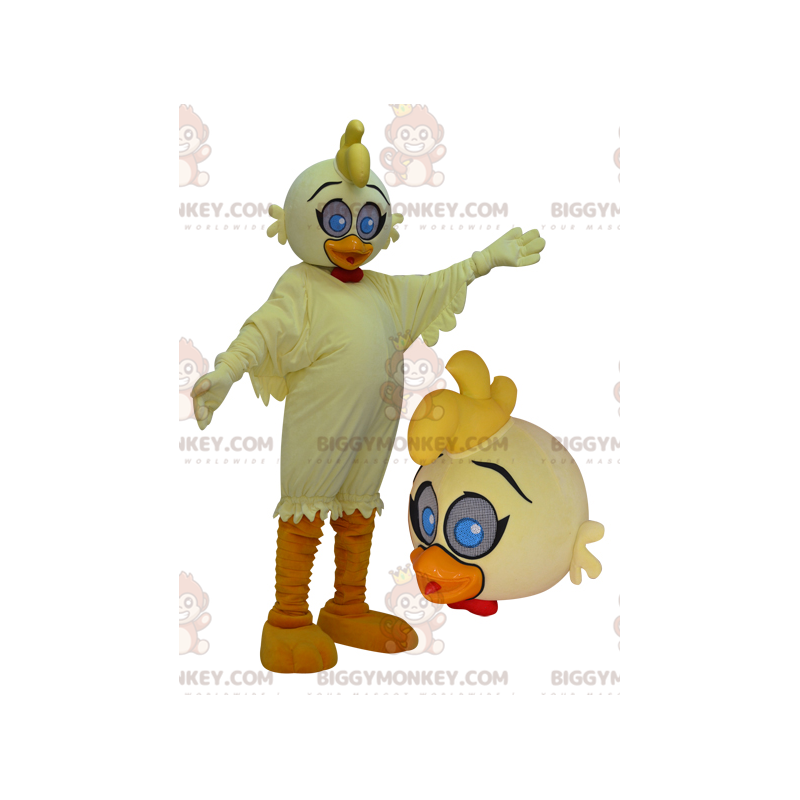 BIGGYMONKEY™ maskotdräkt jätte gul och orange anka med blå ögon BIGGYMONKEY™ maskotdräkt jätte gul och orange anka med blå ögon