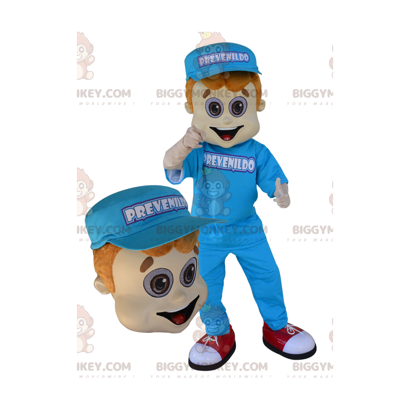Costume de mascotte BIGGYMONKEY™ de jeune homme habillé en bleu