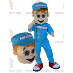 BIGGYMONKEY™ maskottipuku siniseen pukeutuneesta nuoresta