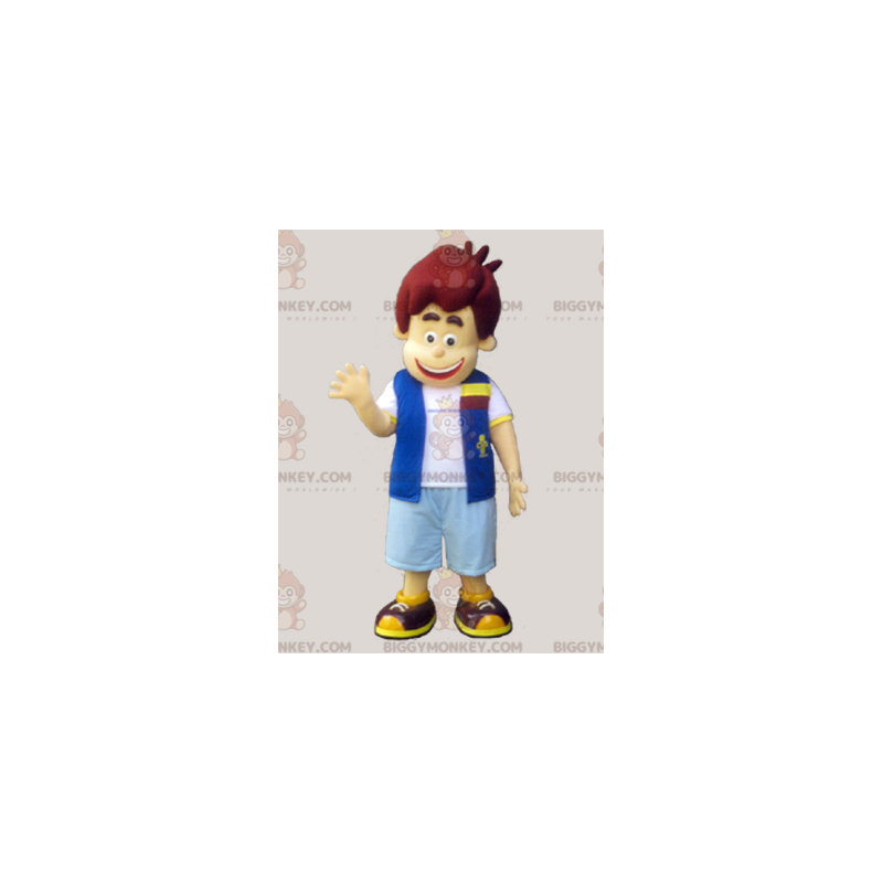 Traje de mascote BIGGYMONKEY™ para menino vestido com colete e Traje de mascote BIGGYMONKEY™ para menino vestido com colete e