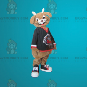 Traje de mascote de coelho marrom e branco sorridente