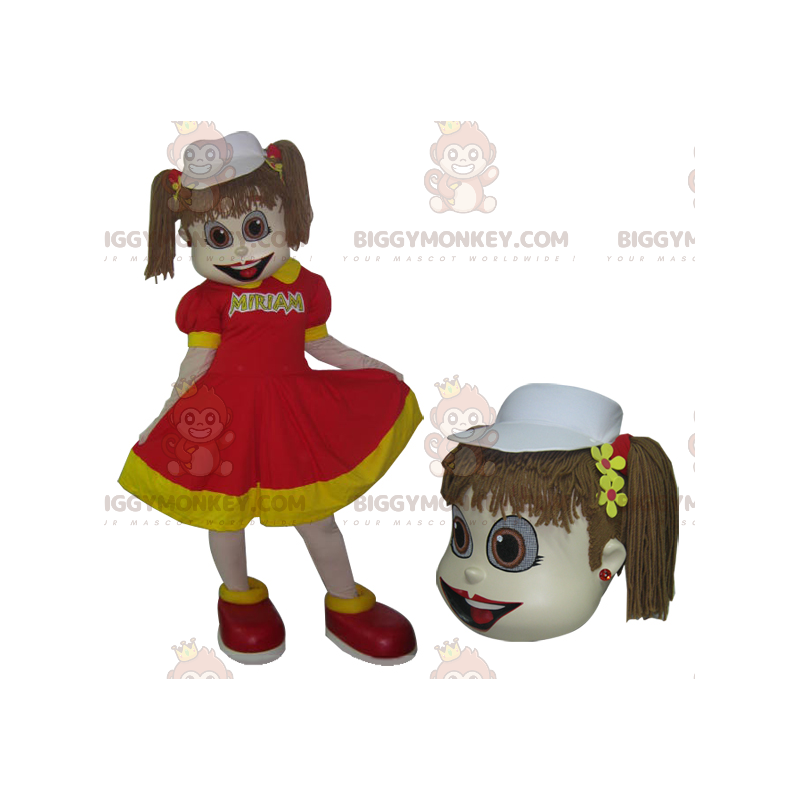 Disfraz de mascota Little Girl BIGGYMONKEY™ con vestido rojo y Disfraz de mascota Little Girl BIGGYMONKEY™ con vestido rojo y