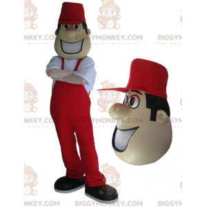 Kostým maskota BIGGYMONKEY™ muže v červené kombinéze a čepici.