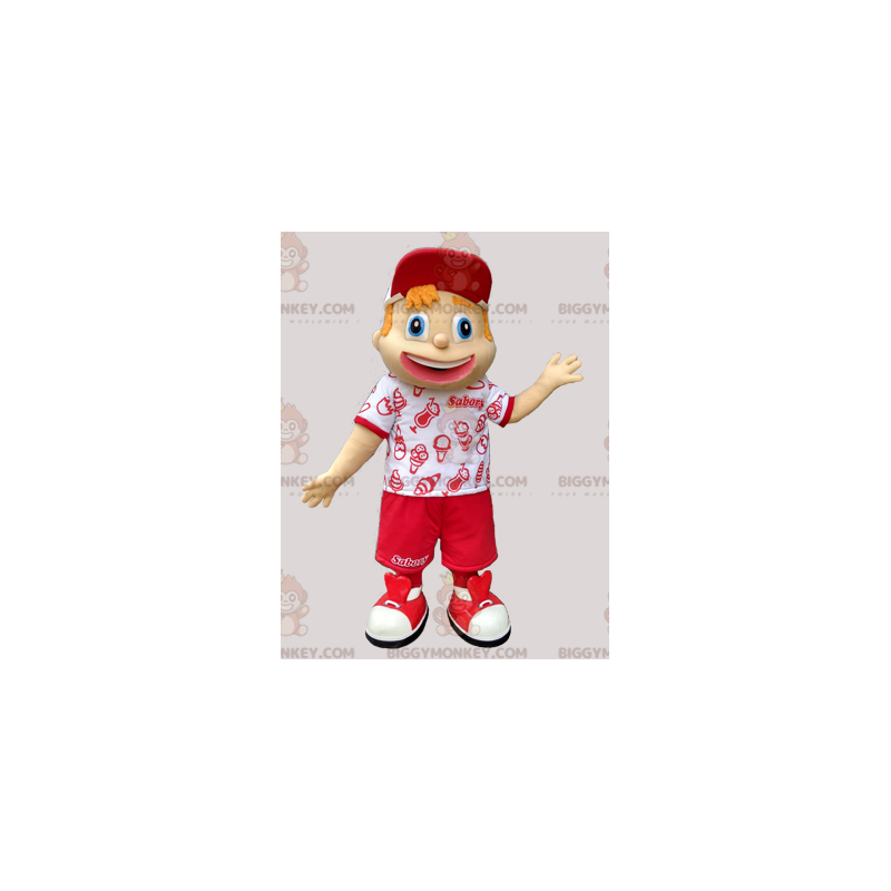 BIGGYMONKEY™ Młody chłopak czerwono-biały kostium maskotka na BIGGYMONKEY™ Młody chłopak czerwono-biały kostium maskotka na