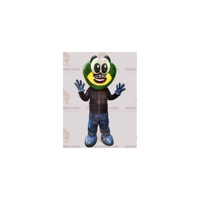 Fantasia de mascote de rã futurista criatura verde e amarela Fantasia de mascote de rã futurista criatura verde e amarela