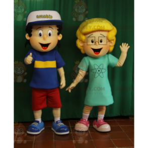 2 Maskot BIGGYMONKEY™, malý hnědý chlapec a malá blondýnka –