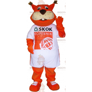 Orange Fox BIGGYMONKEY™ maskotkostume iført T-shirt -