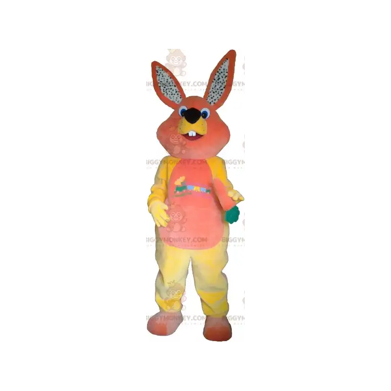 Vaaleanpunainen ja keltainen pehmopupu BIGGYMONKEY™ maskottiasu Vaaleanpunainen ja keltainen pehmopupu BIGGYMONKEY™ maskottiasu