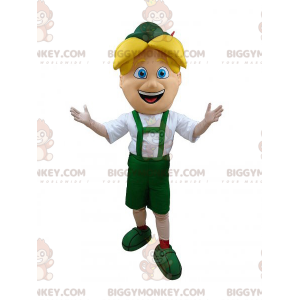BIGGYMONKEY™ maskotkostume Blond dreng i grønt tyrolerdragt -