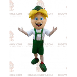 BIGGYMONKEY™ Maskotdräkt Blond pojke i grön tyrolsk outfit -