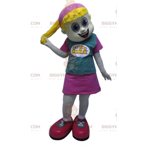 Blond pige BIGGYMONKEY™ maskotkostume med pink kjoledyne -