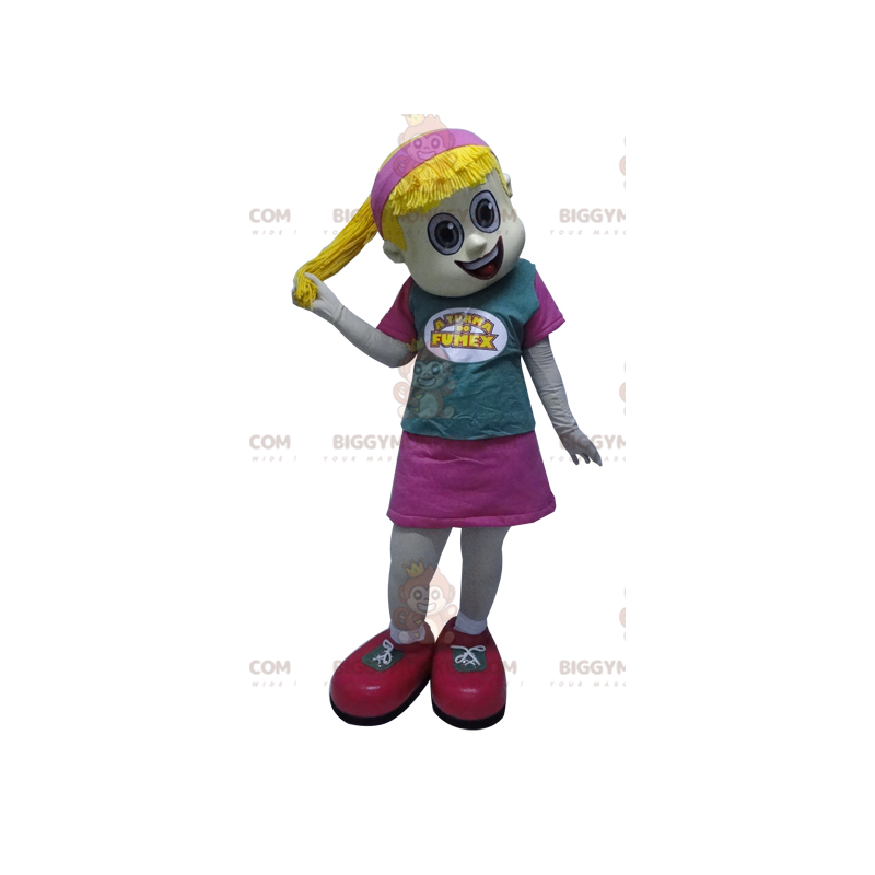 Blonde Girl BIGGYMONKEY™ Mascot Costume with Pink Dress Quilt - Blonde Girl BIGGYMONKEY™ Mascot Costume with Pink Dress Quilt -