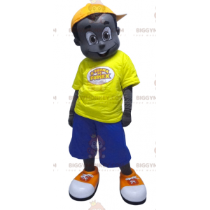 Kostým maskota černého chlapce BIGGYMONKEY™ ve žluté a modré