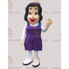 BIGGYMONKEY™ maskotdräkt av brun kvinna med lila klänning -