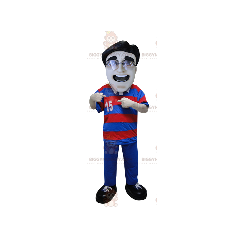 Kostium maskotki BIGGYMONKEY™ mężczyzny w koszulce polo w paski Kostium maskotki BIGGYMONKEY™ mężczyzny w koszulce polo w paski