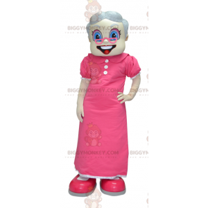 BIGGYMONKEY™ Old Lady Grandma Mascot Costume Dressed In Pink -