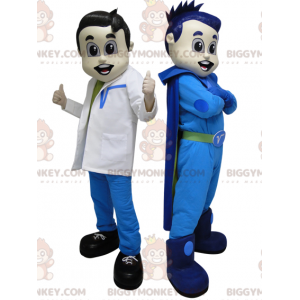 2 mascota de BIGGYMONKEY™. Un superhéroe de azul y un médico