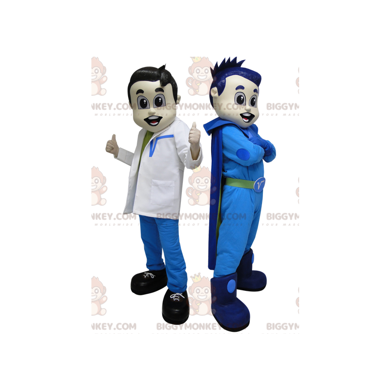 Duo de mascottes BIGGYMONKEY™. Un superhéros en bleu et un Duo de mascottes BIGGYMONKEY™. Un superhéros en bleu et un