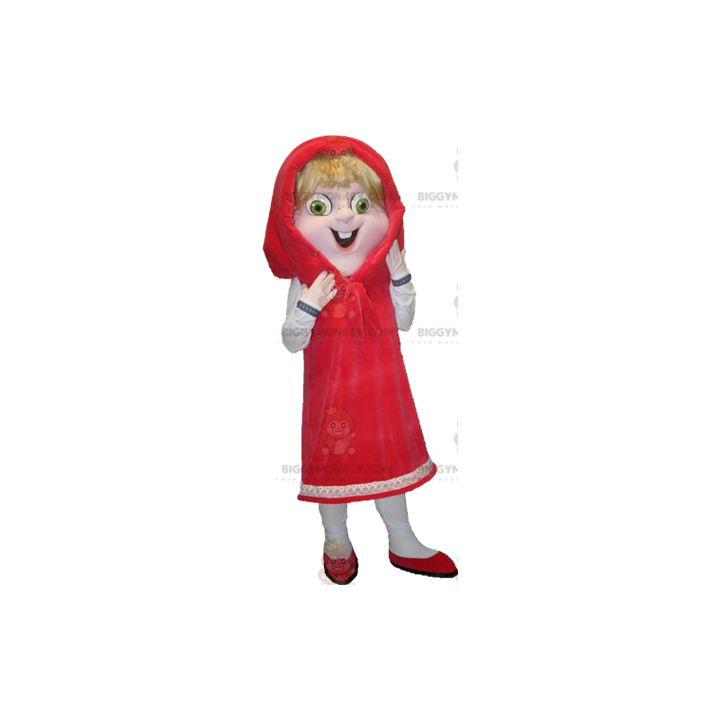 Costume de mascotte BIGGYMONKEY™ de chaperon rouge blonde aux Costume de mascotte BIGGYMONKEY™ de chaperon rouge blonde aux