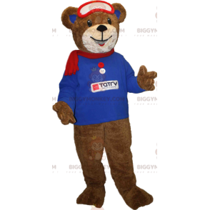 BIGGYMONKEY™ maskotkostyme brun bjørnunge med blå genser og skjerf - Bjørn maskot - BIGGYMONKEY_06781 - BiggyMonkey.com