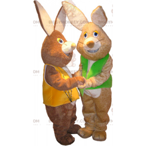 2 mascot BIGGYMONKEY™s soft brown bunnies wearing vests -
