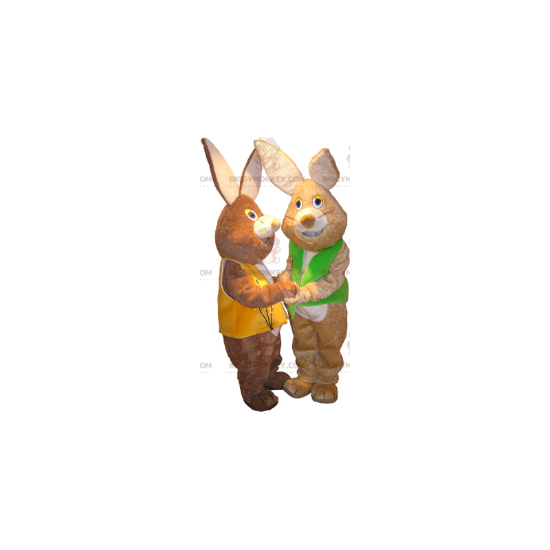 2 mascotes BIGGYMONKEY™s coelhinhos marrons usando coletes –