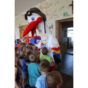 Hvid stork med farverige vinger BIGGYMONKEY™ maskotkostume -