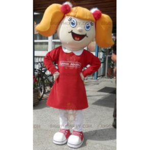 Blondes Mädchen BIGGYMONKEY™ Maskottchenkostüm mit Zöpfen und