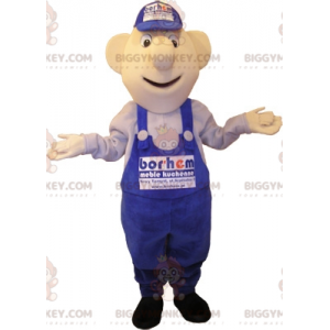 Snowman BIGGYMONKEY™ mascot costume dressed in blue overalls.