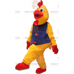 Costume de mascotte BIGGYMONKEY™ d'oiseau de poule de coq jaune et rouge avec un costume - Mascotte d'oiseaux - BiggyMonkey.com