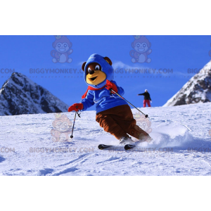 BIGGYMONKEY™ mascot costume of brown and yellow bear in ski