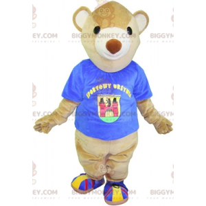Fato de mascote BIGGYMONKEY™ de urso bege com t-shirt azul.