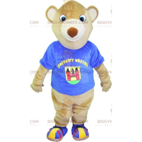 BIGGYMONKEY™ maskottiasu beigenvärinen karhu sinisellä t-paidalla. Nalle BIGGYMONKEY™ maskottiasu - BiggyMonkey.com