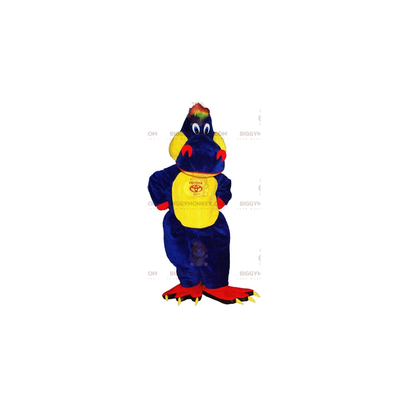 BIGGYMONKEY™ mascottekostuum van rode, gele en blauwe draak. BIGGYMONKEY™ mascottekostuum van rode, gele en blauwe draak.