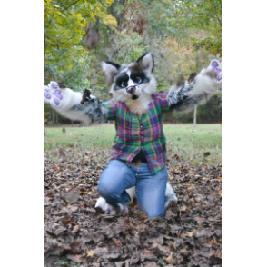 BIGGYMONKEY™ Mascot Costume Black and White Dog in Plaid Shirt