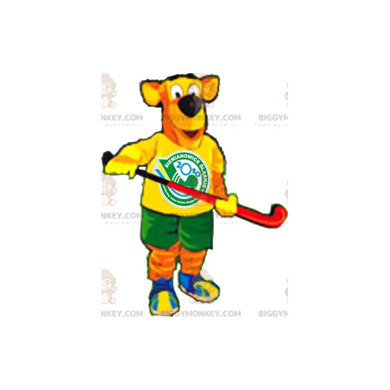 Oranssi ja keltainen koiran BIGGYMONKEY™ maskottiasu Oranssi ja keltainen koiran BIGGYMONKEY™ maskottiasu