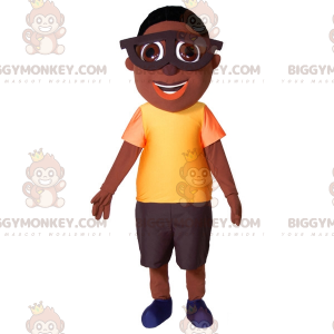 BIGGYMONKEY™ Young African Boy Mascot Costume With Big Glasses