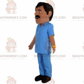 Kostium maskotki BIGGYMONKEY™ wąsatego brązowego mężczyzny ubranego w niebieski strój - Maskotki męskie - BiggyMonkey.com