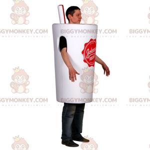 BIGGYMONKEY™ Maskottchenkostüm aus weißem Kelch mit Strohhalm.