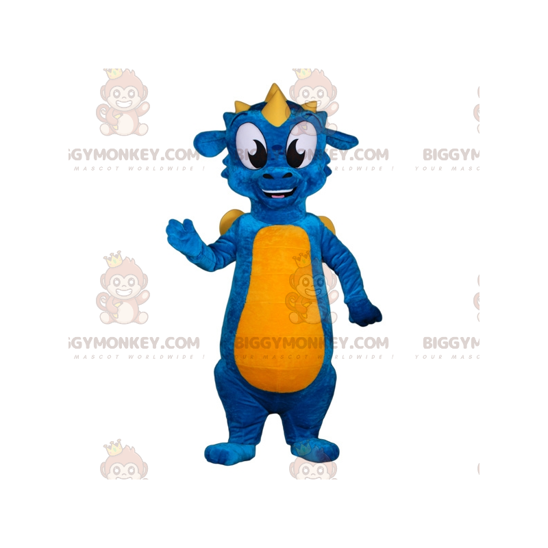 Blå och gul drake BIGGYMONKEY™ maskotdräkt. Färgglad drakdräkt Blå och gul drake BIGGYMONKEY™ maskotdräkt. Färgglad drakdräkt