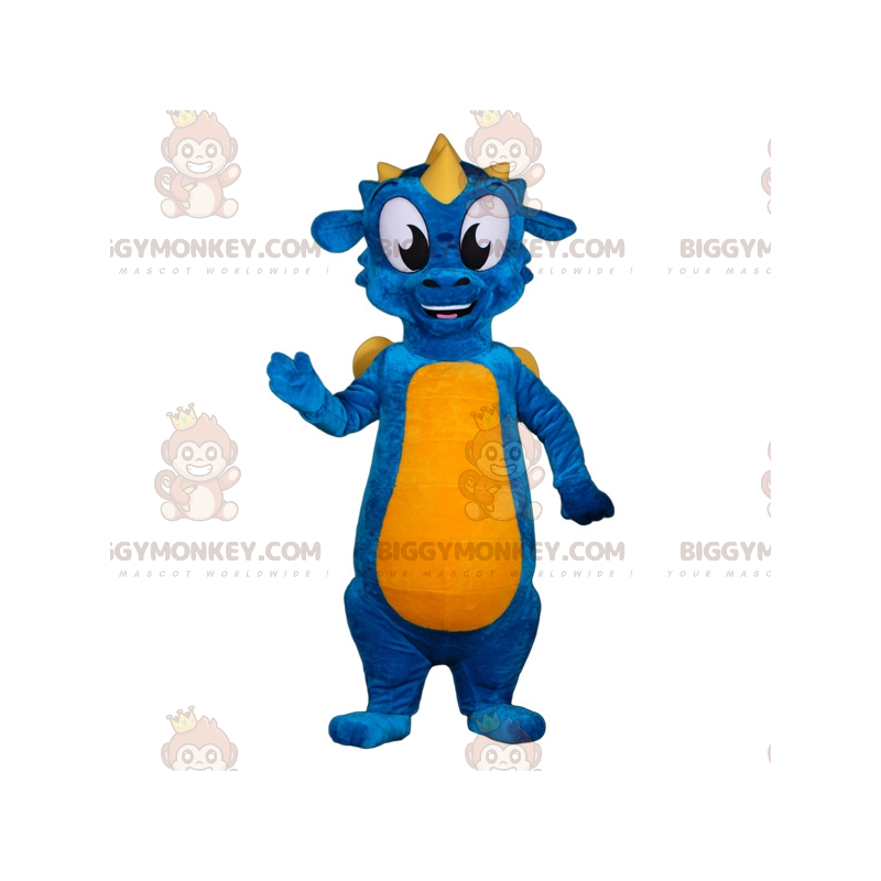 Traje de mascote de dragão azul e amarelo BIGGYMONKEY™.