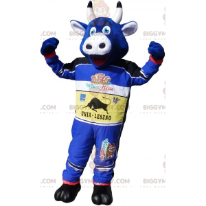 Kostým s maskotem Blue Cow BIGGYMONKEY™ v oblečení pro závodní