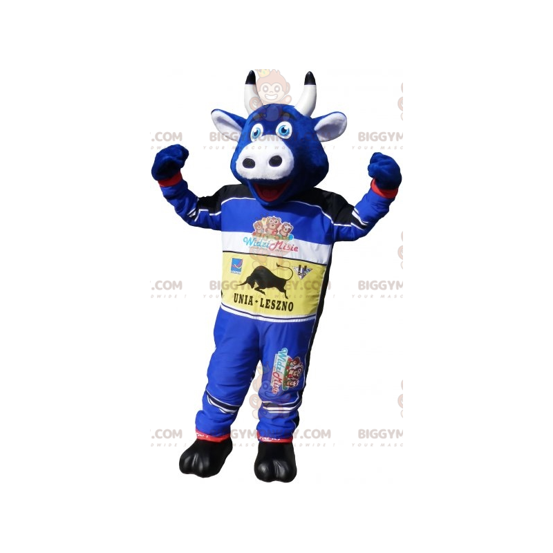Blauwe koe BIGGYMONKEY™ mascottekostuum gekleed in Blauwe koe BIGGYMONKEY™ mascottekostuum gekleed in