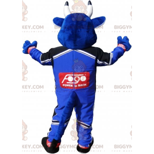 Blue Cow BIGGYMONKEY™ maskotdräkt klädd i racerbanans outfit -