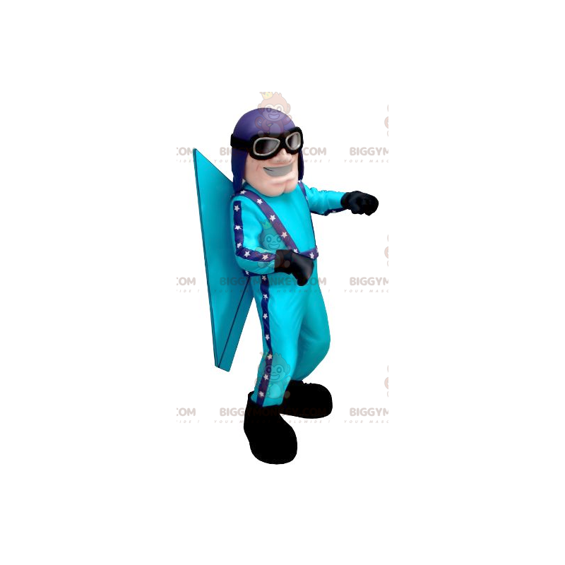 Disfraz de mascota de aviador azul BIGGYMONKEY™ con casco y Disfraz de mascota de aviador azul BIGGYMONKEY™ con casco y