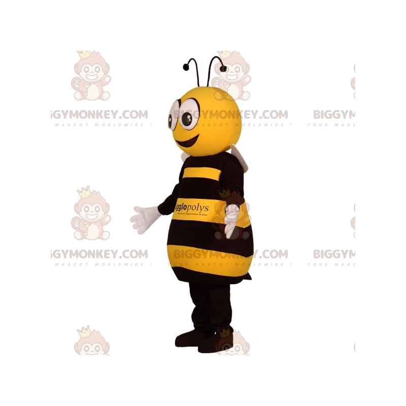 BIGGYMONKEY™ Maskottchenkostüm mit gelb-schwarzer Riesenbiene. BIGGYMONKEY™ Maskottchenkostüm mit gelb-schwarzer Riesenbiene.