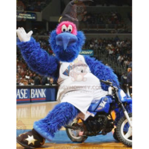 Traje de mascote BIGGYMONKEY™ todo azul peludo e pássaro rosa –