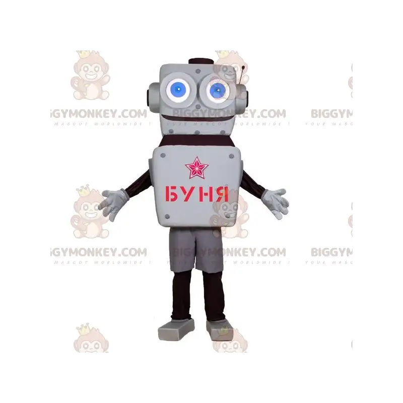 BIGGYMONKEY™ Mascot Costume Gray and Black Robot with Big Blue BIGGYMONKEY™ Mascot Costume Gray and Black Robot with Big Blue